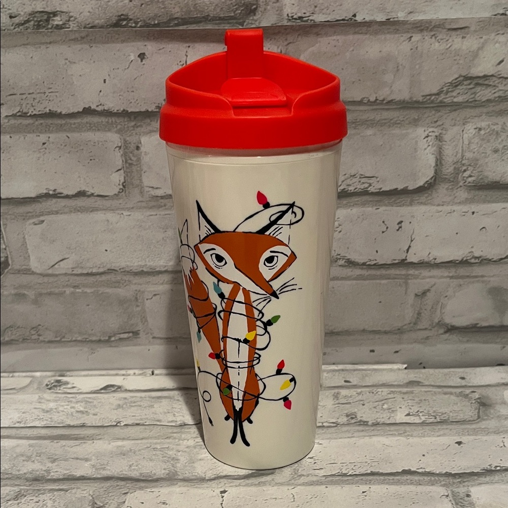 Kate Spade Cream Tumbler with Red Top fox with Christmas lights coffee mug